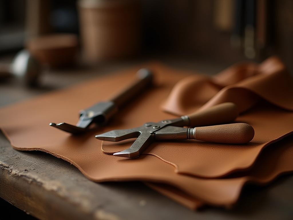 Dettaglio di pelle pregiata e strumenti da calzolaio